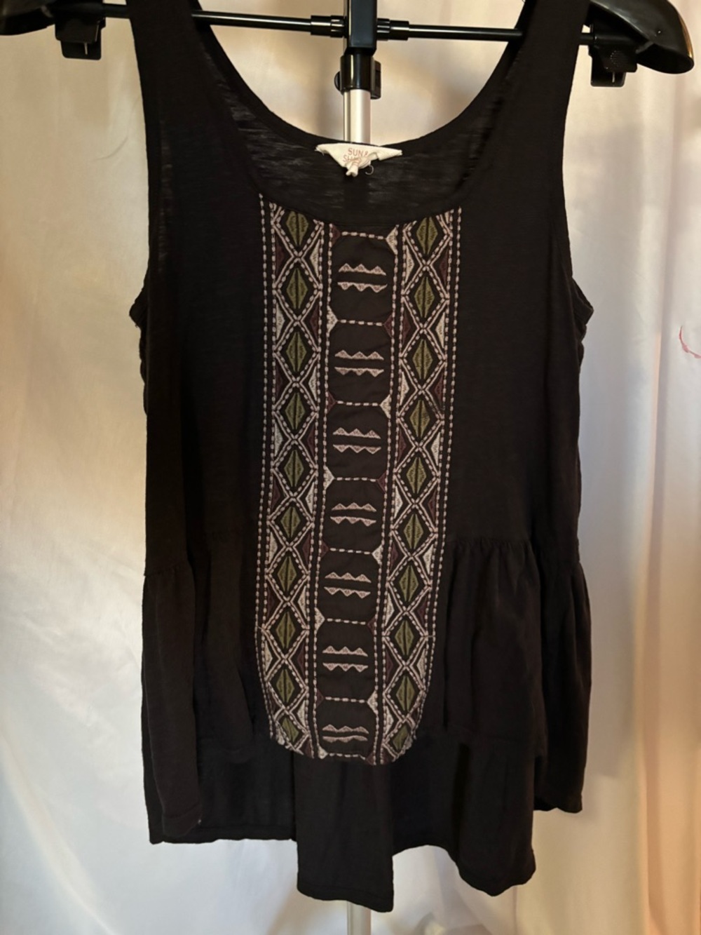 Sun & Shadow Black Embroidered Tank with Olive Accents